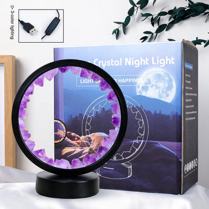 Runyangshi Amethyst Tooth Night Lamp 8.6" Natural Healing Crystal Bedside Lamp USB Port 3 Colours Dimming Mode Bedroom Lamp Suitable Night Light Ideal Gift