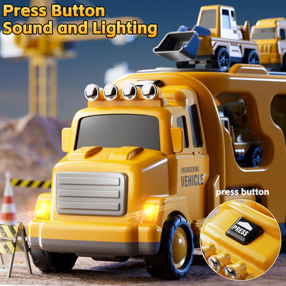 KIZONLY Construction Trucks Toys for 2 3 4 5 Years Old Boys - 5-in-1 Carrier Transport Vehicle Truck for Toddlers 2-4 Years with Crane, Mixer, Pushdozer and Excavator, Car Toys Birthdays Gift