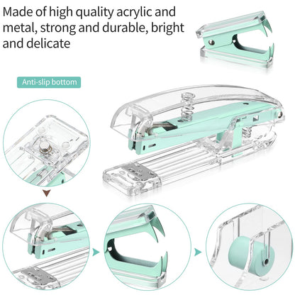 Office Supplies Set Desk Accessory Kit, Acrylic Stapler Set Staple Remover, Tape Dispenser, Binder Clips, Paper Clips, Ballpoint Pen and Scissor with 1000 Pieces 26/6 Staples (Green)