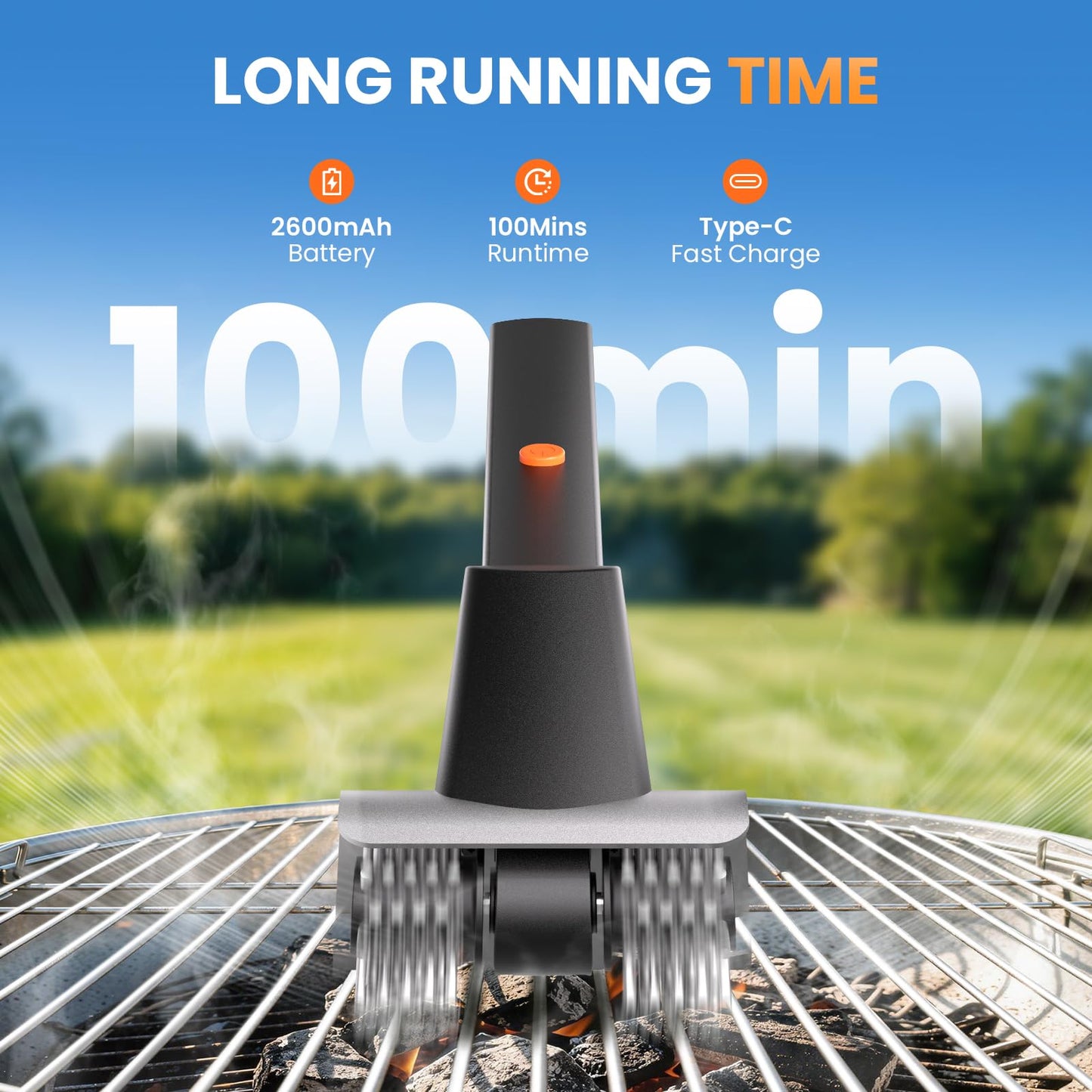 Rechargeable Electric BBQ Grill Brush, 2600mAh Battery, 2-Speed Power, LED Light, 100 Mins Long Runtime, 304 Stainless Steel Heat Resistant Grill Cleaner for Outdoor Camping & Grilling