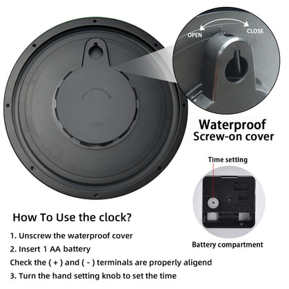 Caysie 12 Inch Sealed Indoor Outdoor Waterproof Wall Clock, Durable Silent Non-Ticking Battery Operated Quality Quartz Round Clock, Wall Decorative for Patio, Pool, Bathroom (Black)