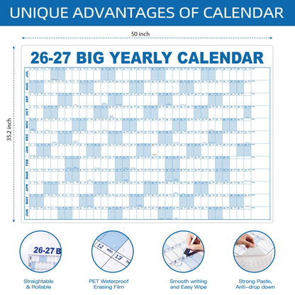 2026-2027 Dry Erase Wall Calendar - July 2026- June 2027, 35.2" x 50", Extra Large Yearly Wall Calendar 2026-2027, 12-Month Note Section & 365 Daily Block, 10 Round Stickers, Perfect for Home, Office and School