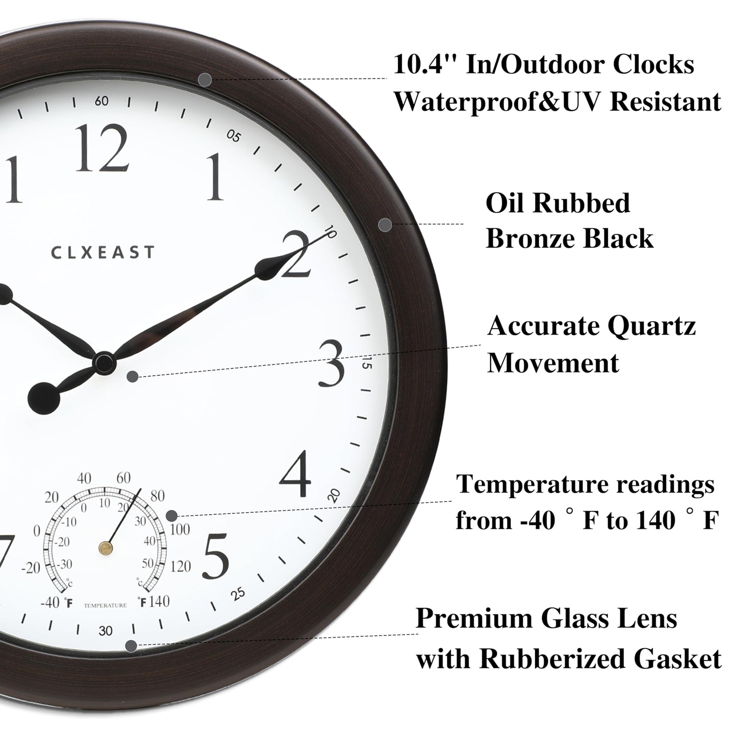 CLXEAST 10.4 Inch Indoor Outdoor Clocks Waterproof,Outdoor Clock with Temperature for Bathroom,Patio, Pool,Kitchen,Oil Rubbed Bronze Black Finish,House Warming Gifts New Home