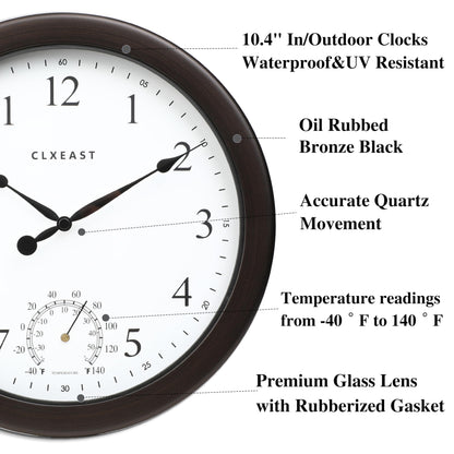 CLXEAST 10.4 Inch Indoor Outdoor Clocks Waterproof,Outdoor Clock with Temperature for Bathroom,Patio, Pool,Kitchen,Oil Rubbed Bronze Black Finish,House Warming Gifts New Home