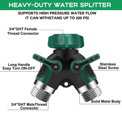 Garden Hose Splitter 2 Way, 3/4" Y Water Hose Splitter with Comfort Rubber Long Handle, Faucet Splitter, Heavy Duty Metal Connector with 2 Kink Free Faucet Extension Hose Protector
