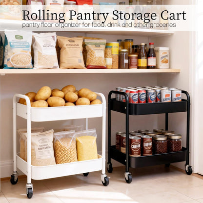 Ufriandz Under Desk Storage Cart 2 Tier Utility Rolling Cart with Wheels, Small Metal Mobile Trolley with Handle Two Tiered Utility Organizer Roller for Kitchen Office Bathroom Pantry Room, White
