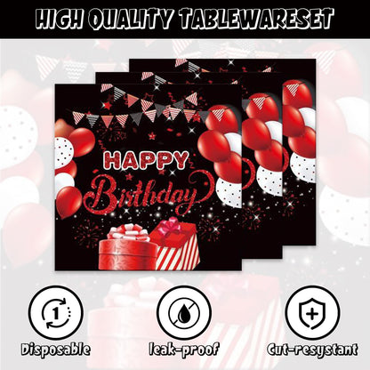 142Pcs Red and Black Birthday Party Tableware Set Inculde Plates Napkins Knives Forks Spoons Cups Banner and Tablecover Red and Black Birthday Party Decorations Supplies Serve 20