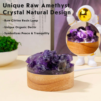 Runyangshi Amethyst Night Light with Natural Raw Crystal - USB Powered Mini Lamp for Bedroom, Desk, Meditation, Healing Crystal Decor with Wood Base, Gift Idea