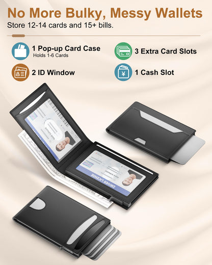 ERUSEHE Wallet for Men: Pop Up Card Case, RFID Blocking, Slim, Minimalist, Genuine Leather, Front Pocket, Smart, Thin, Compact, Magnetic Flap Closure - 2 ID Windows, Up to 12 Cards & 15 Bills (Black)