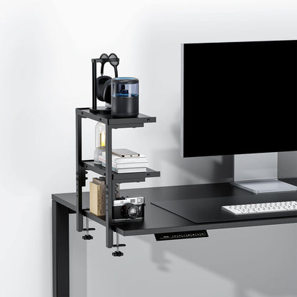 Spacrea clamp on Desk Shelf, 2 Tier Office Desk Shelves Organizer, Wood Desktop Supplies Storage Rack, Desk Organizers and Accessories (Black)