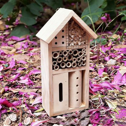 Wooden Insect Hotel for Garden - Bee House & Ladybug House, Pollinator Bug Hotel/Bug House to Attract Beneficial Garden Insects (Natural Wood Color)