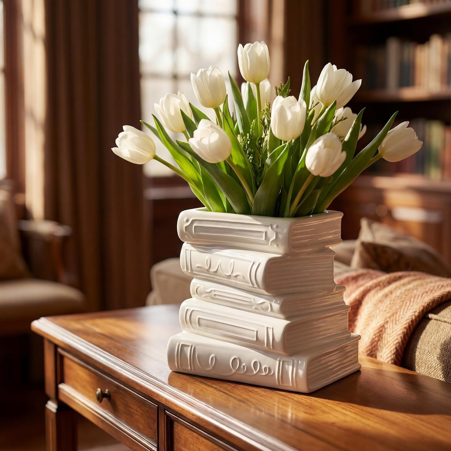 Solsew Ceramic Book Shaped Vase for Flowers 7" x 5.9" x 4.1" Small Ceramic Book-Shaped Vase Cute Bookshelf Decor Flowerpot for Book Lovers Gift Home Office Bookshelf Dining Table Decor(White)