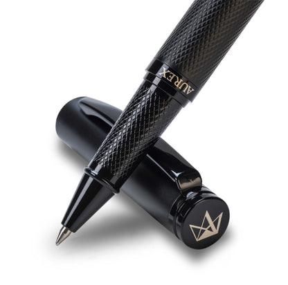 AUREX Luxury Black Rollerball Pen – Metal Pen with Cap, Micro Tip, Diamond Body Design, Gift Box & Blue + Black Ink – Executive Writing Pen
