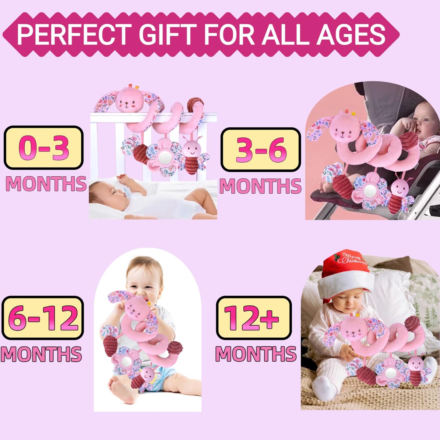 chochumy Spiral Car Seat Toy for Babies 0-6-12 Months Girl, Stroller Hanging Baby Toys 0-3-4-5-6-7-8-9-12 Month Old Newborn Infant Toddler Rabbit Gifts Travel Carseat Mirror Crinkle Bunny Accessories