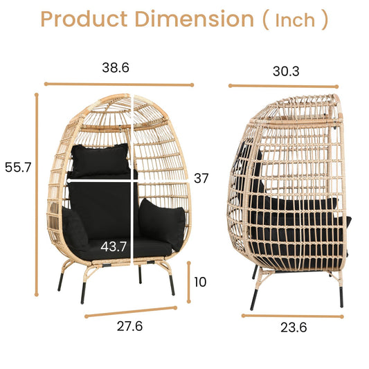 Egg Chair Outdoor Rattan Patio Egg Chair Hand-Woven Oversized Wicker Egg Chair Outdoor Indoor Lounge Chair with Padded Cushions Steel Frame for Living Room Backyard Patio Porch, Black