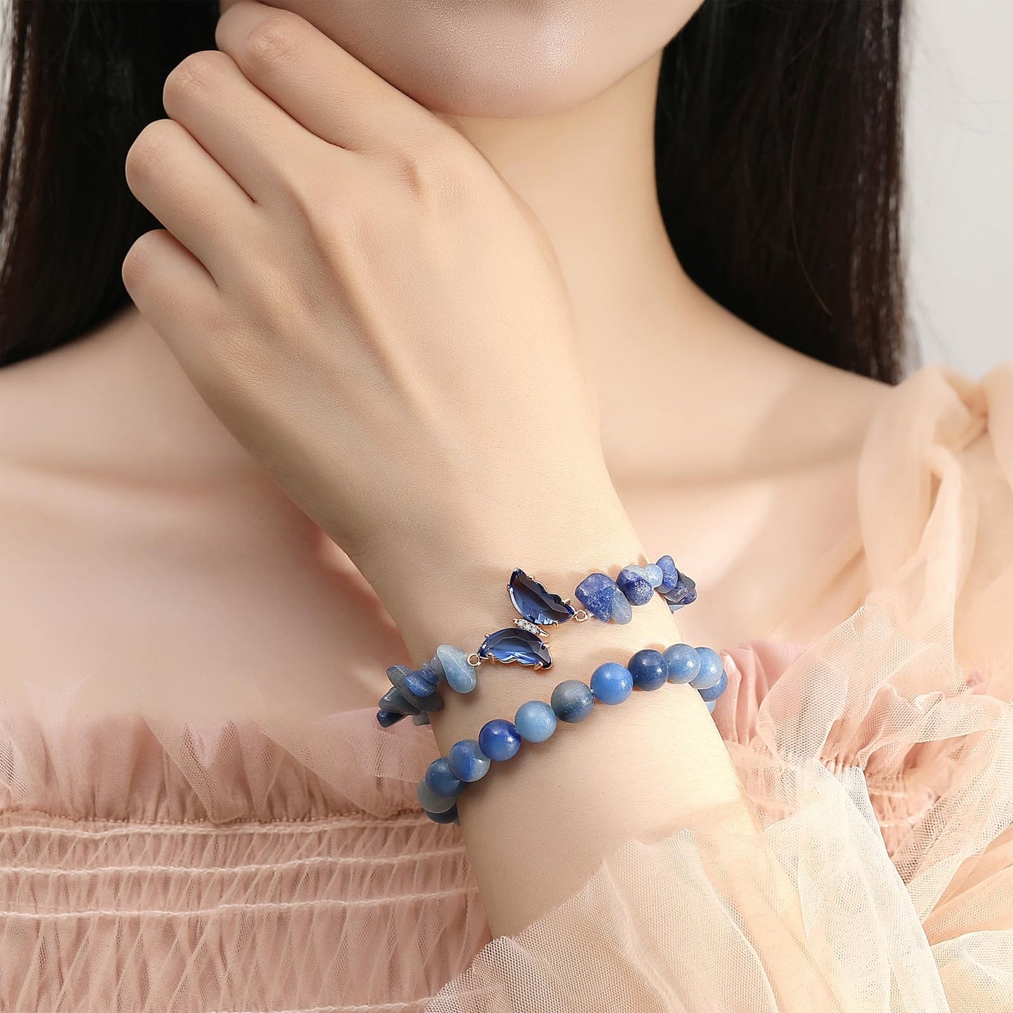 DUQGUHO 2Pcs Blue Aventurine Bracelet for Women Butterfly Bracelet Gift for Women Healing Crystal Bracelet Blue Natural Jewelry 8mm Blue Crystal Beaded Bracelet Gift for Birthday