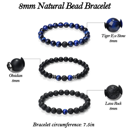 XIANNVXI Mens Blue Crystal Beads Bracelet 3PC Blue Black Stone 8mm Bead Bracelets Set for Men Stretch Lava Rock Obsidian Black Crystal Beaded Bracelet for Mens