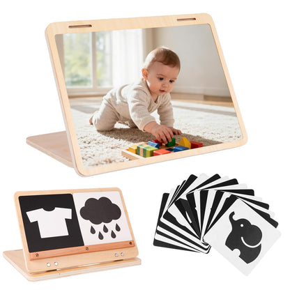 juhg Tummy Time Mirror Large Baby Mirror Toy and Card Display Stand with Black and White High Contrast Baby Cards Double-Sided Design Adjustable Angle Montessori Mirror