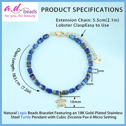 Natural Gemstone Healing Crystal Lapis Dainty Charms Turtle Bracelet Adjustable Chain Extender Minimalist Jewelry