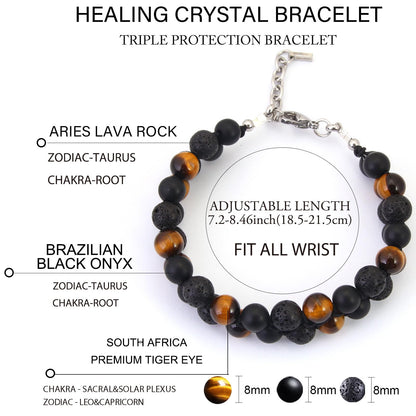 Triple Protection Bracelet for Men Women, COLORFEY Authentic Mens Bracelet Genuine Tiger Eye Black Onyx Lava Rock Crystal Bracelets, 8”Adjustable Beaded Bracelet for Men Grounding and Confidence