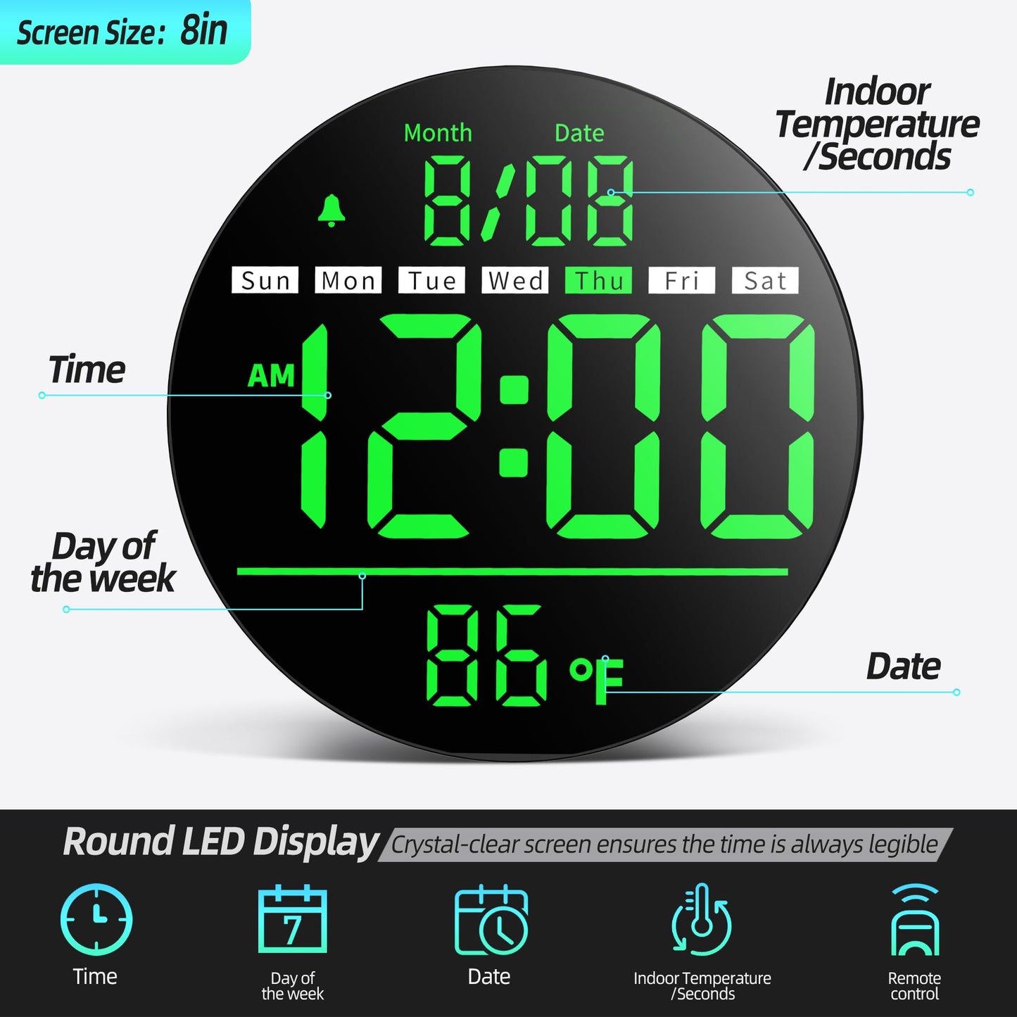 Jassurance 8in Round Digital Wall Clock, Large LED Display, Auto DST, Temperature, Alarm Clocks for Living Room, Bedroom, Office, Classroom, Gym Countdown Timer