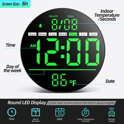 Jassurance 8in Round Digital Wall Clock, Large LED Display, Auto DST, Temperature, Alarm Clocks for Living Room, Bedroom, Office, Classroom, Gym Countdown Timer