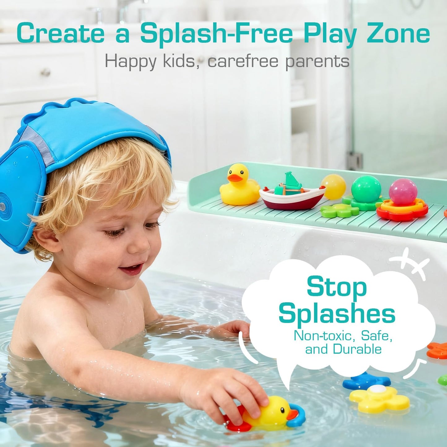 DubiLaka 31.5" Bathtub Splash Guard for Kids & Toddlers - Silicone Play Shelf & Toy Storage Tray with Strong Suction Cups to Prevent Water Spills, No-Leak Fun Bath Time - Tub Toy Holder Ledge,Green