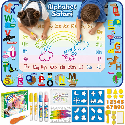 ANIMOLDS Water Doodle Mat for Kids, Large 40 x 32 Aqua Magic Reusable Drawing Mat, Mess Free Coloring & Writing Toy, Educational Gift for Toddlers Boys Girls