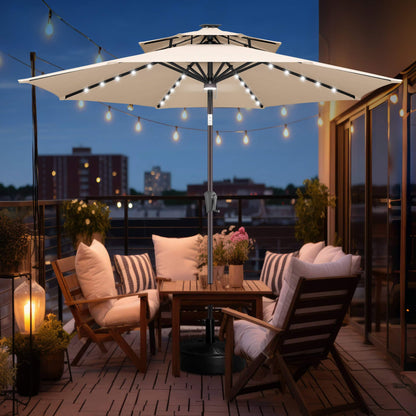 FLAME&SHADE 2 Tiers 9ft Solar Light Patio Umbrella, 40 LED lights outdoor umbrella with Centre Surround Light, Table Market Umbrella for Deck, Pool, Porch, Backyard, Garden (Beige)