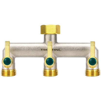 Garden Hose Splitter, 3-Way Faucet Diverter with 3 Extended Metal Handles, Outdoor Hose Splitter, Heavy Duty Brass Nickel Plated, GHT 3/4-Inch Heavy Duty Hex Female Inlet and 3/4-Inch Male Outlet