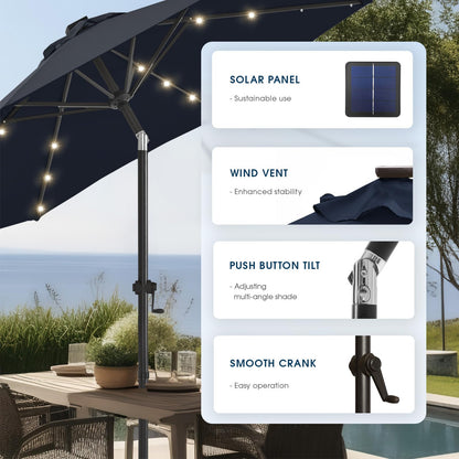 wikiwiki 7.5ft Solar Led Patio Umbrella, Sturdy Outdoor Market Umbrella for Deck, Pool, Garden w/Tilt, Crank, 18 LED Lights, Navy Blue