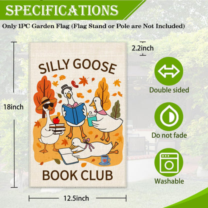 Hafhue Silly Goose Book Club Garden Flag, 12 x 18 Inch Double Sided Funny Duck Book Yard Garden Lawn Porch Court Decor Flag, Fall Season Bookworm Gifts for Book Goose Lover Librarian Books Club Member