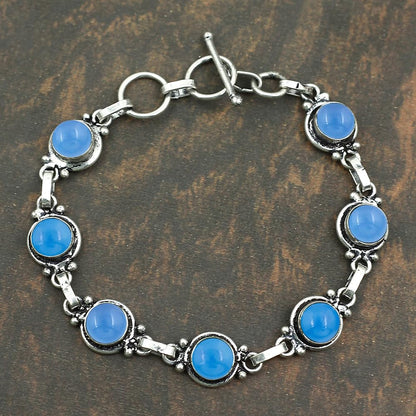 Natural Chalcedony 925 Silver Plated Round Gemstone Bracelet for Women - March Birthstone Vintage Bohemian Style Handmade Link Adjustable Bracelet Gifts for Mom Wife Sister Her