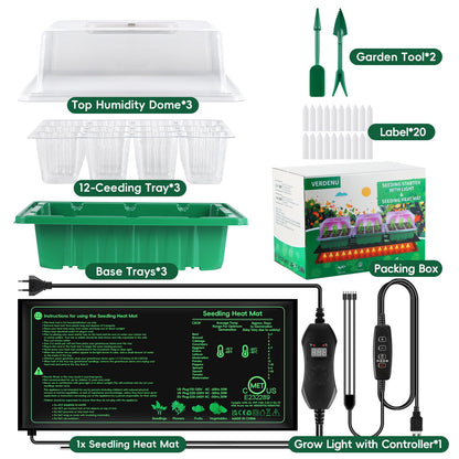 Verdenu 3PK Seed Starter Tray with Grow Lights and Tempe-Control Heat Mat, 36-Cell Large Seedling Starter Kit with Humidity Dome, Adjustable LED Lighting for Seed Germination,Temperature Adjustable