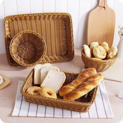 Yarlung 2 Pack Woven Bread Basket, Plastic Wicker Fruit Baskets 15.7 x 11.4 Inch, Imitation Rattan Food Serving Trays for Vegetables, Kitchen, Restaurant, Outdoor, Brown