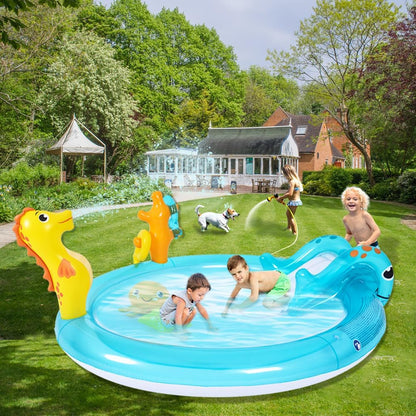 Sea Animal Inflatable Kids Pool with Slide and Sprinkler, Inflatable Play Center with Rings & Animal Figures, 78"x59.5"x15.5" Kiddie Pool for Summer Outdoor Backyard