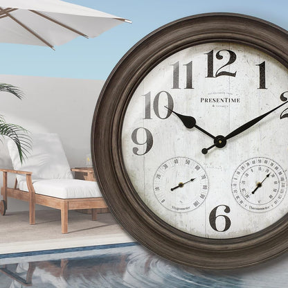 Presentime & Co. 26" Clifton in/Outdoor Farmhouse Clock with Thermometer & Hygrometer as All in One Weather Station, Farmhouse Wall Art and Timepiece for Home Decoration, Grey Oak Finish
