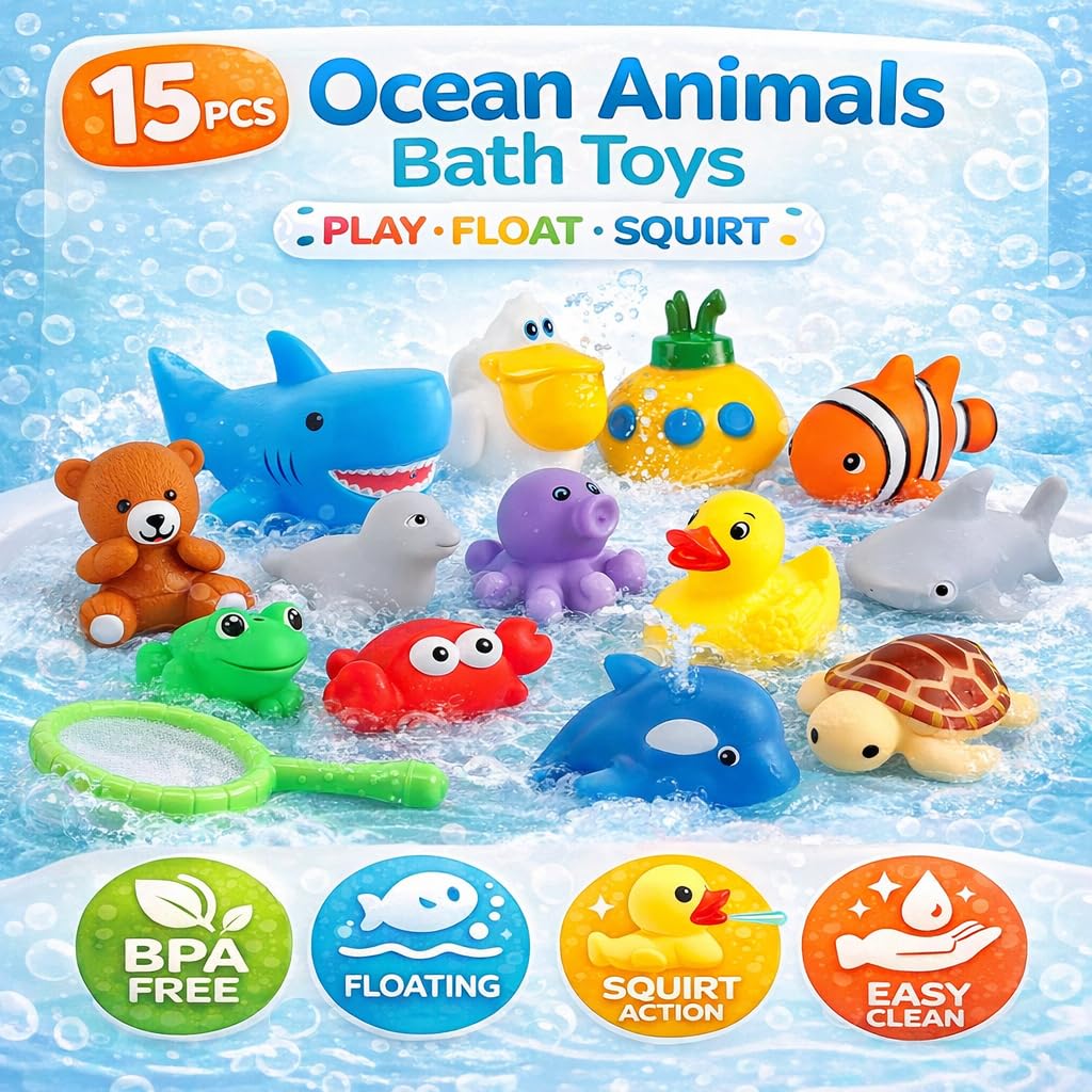 15 PCS Ocean Animals Rubber Bath Toy Water Squirters with Floating Bathtub Squeeze and Play Soft Sea Creatures anf Fishing Net for Baby, Toddlers and Kids