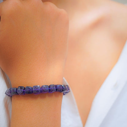 Purple Amethyst Bracelet for Women - Amethyst Crystals and Healing Stones womens Bracelet - Cube Shape Beaded Bracelets - Stretchy Bracelets for Chakra Protection, Meditation and Healing