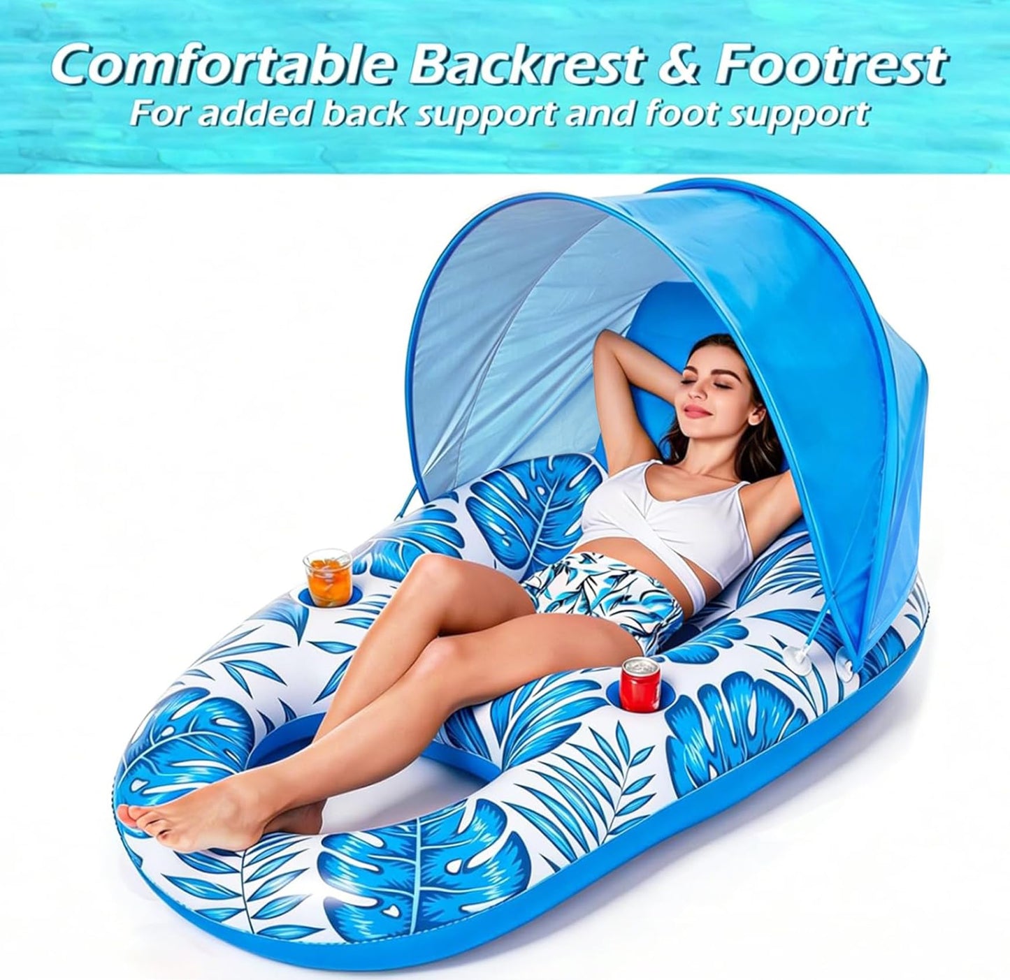 Jasonwell Pool Float with Canopy - Inflatable Pool Floaties Adult Lounger Floats Raft Floating Chair with Cup Holders for Swimming Pool Lake Water Lounge Float Beach Pool Party Toys for Adults (Blue)