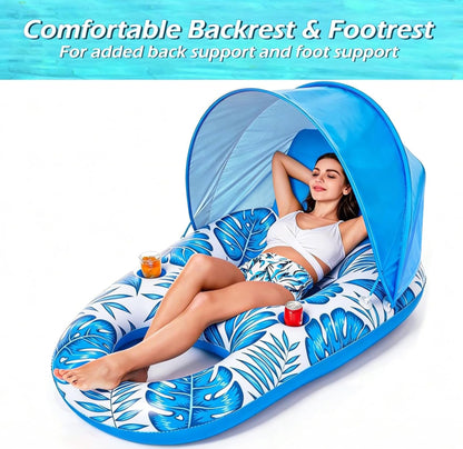 Jasonwell Pool Float with Canopy - Inflatable Pool Floaties Adult Lounger Floats Raft Floating Chair with Cup Holders for Swimming Pool Lake Water Lounge Float Beach Pool Party Toys for Adults (Blue)