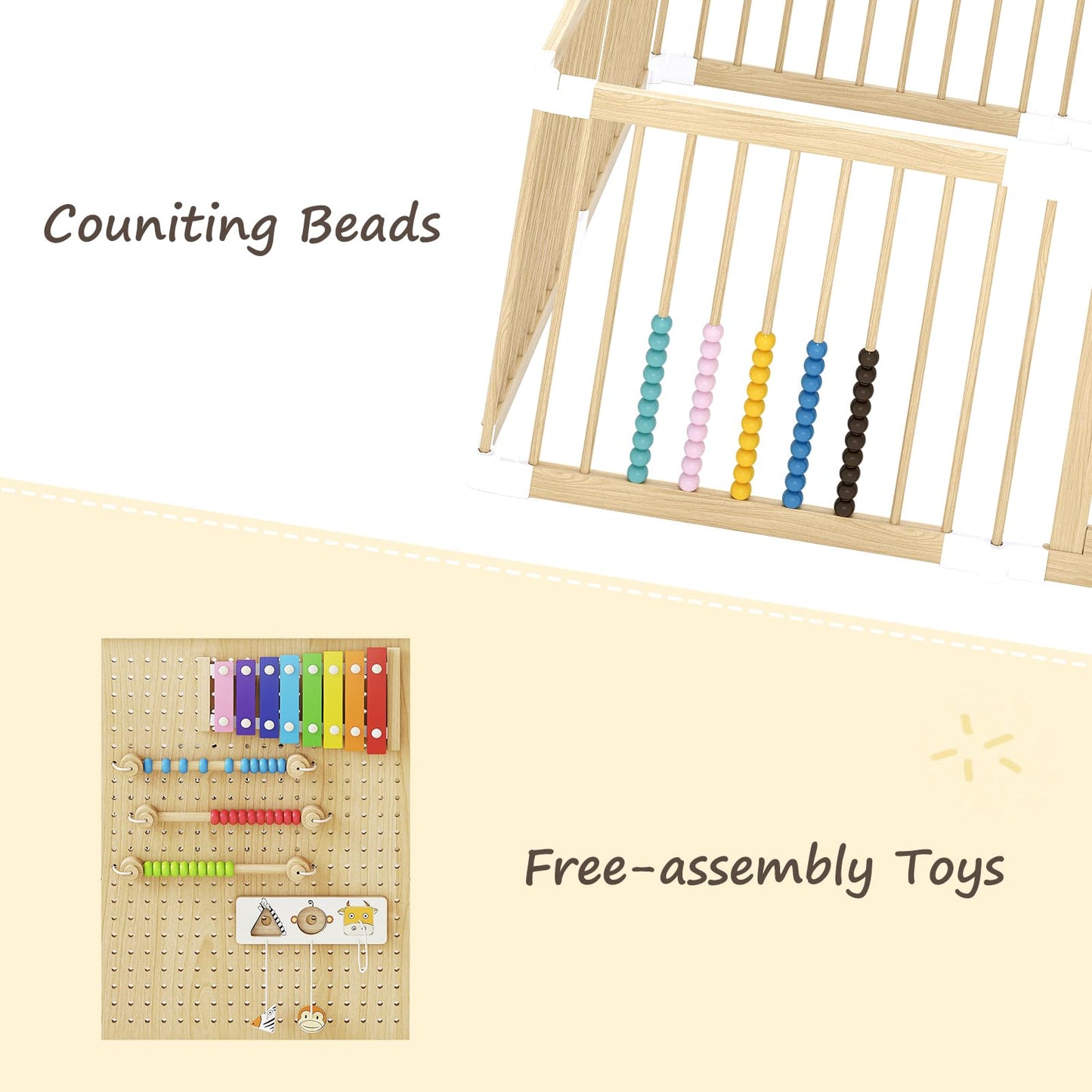 EXPERLAM Baby Playpen - Wooden Playpen for Babies and Toddlers, Foldable Play Pen with Locking Gate, Portable Baby Fence with Adjustable Shape and Size, Extra Large Toddler Play Yard (58X58x23.5Inch)