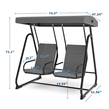 GarveeLife 2 Person Porch Swing Chair, Heavy Duty Outdoor Patio Swing Glider with Adjustable Canopy & Removable Cushions, Independent Swing Chairs for Garden, Balcony, Poolside, Backyard, Dark Grey