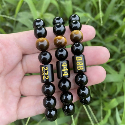 Angel Number Bracelet for Women – Black Onyx & Tiger Eye Adjustable Crystal Bracelet for Healing, Protection, Manifestation – Spiritual Jewelry Gift Box Included - 555