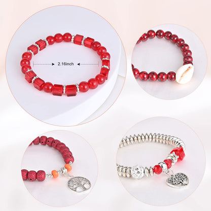 Bohemian Bracelet Sets for Women - 6 Sets Stackable Stretch Bracelets Multi-color Boho Jewelry for Women Hippie Bracelets Dainty Jewelry (Tree of Life Bead Bracelets)