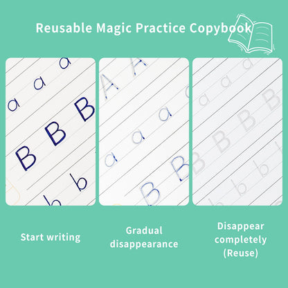 PracticeJQDEN Large Reusable Grooved Handwriting Practice Workbooks for Kids Ages 3-8 Magic Disappearing Ink & 3D Groove Preschool Kindergarten Children Writing Books 5-Book Set with Pen Grips