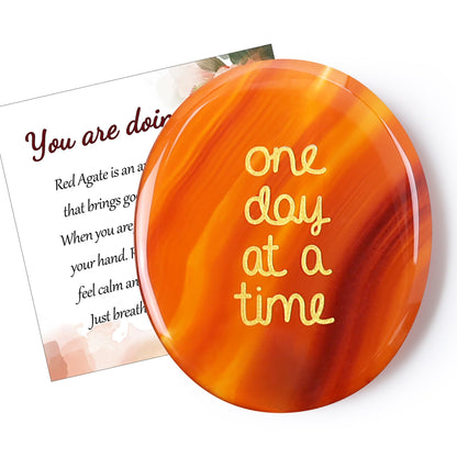 QINJIEJIE Gifts One Day at A Time Red Carnelian Agate Crystal Worry stone Healing Thumb Stone Thinking of You Gifts for Anxiety Relief Items You Got This Inspirational Encouragement Gift for Women Men