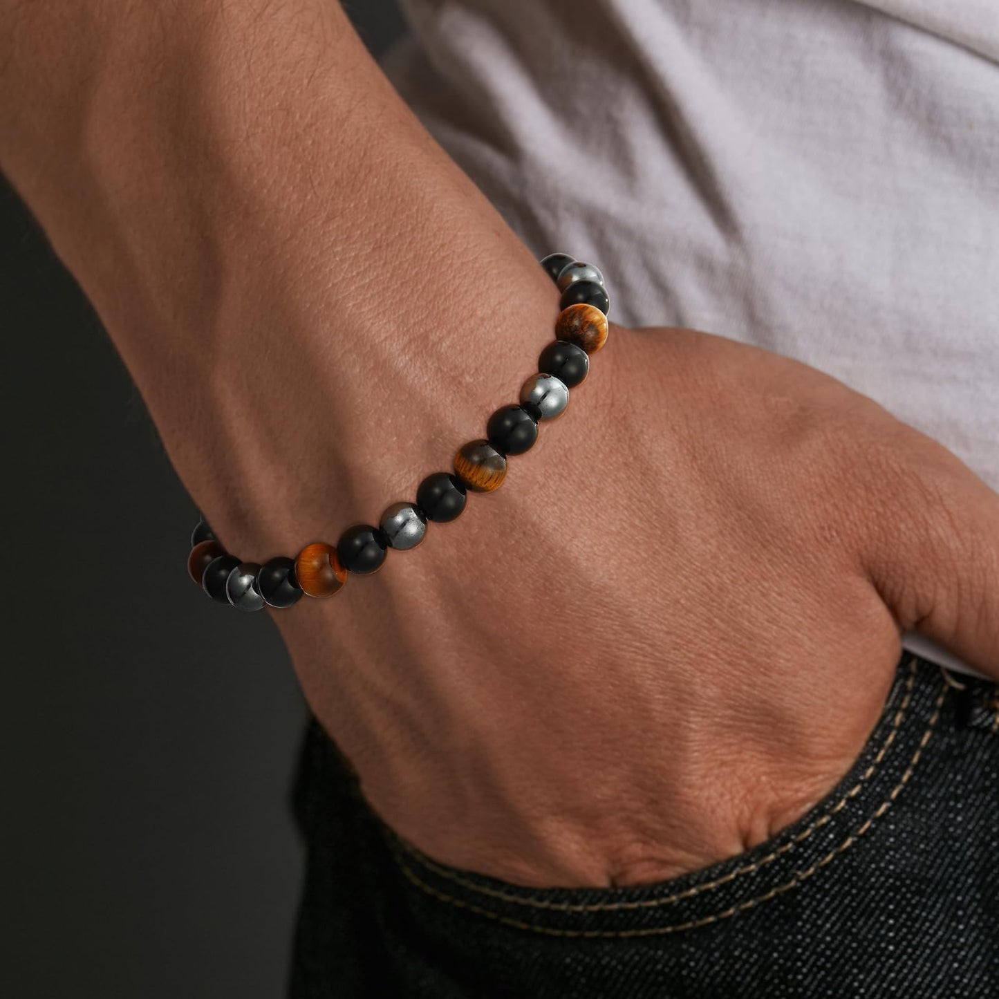 Gnamy Triple Protection Beaded Bracelet Gifts for Men, Tiger Eye Black Obsidian Hematite Bracelets Birthday Valentines Day Anniversary Healing Sobriety Jewelry Gifts for Him Husband Dad Boyfriend Brother