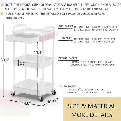 Goovilla 3 Tier Rolling Utility Cart Organizer with Removable Drawer, Stable and Sturdy White Rolling Storage Carts with 2 Lockable Wheels for Bathroom, Kitchen, Snack, Craft, Makeup, Baby Essentials