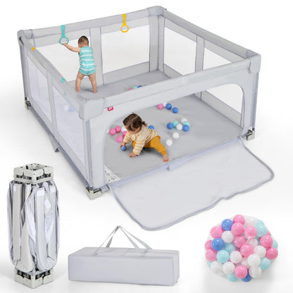 Costzon Foldable Playpen for Babies, 59''x59'' Portable Baby Play Pen with 50 PCS Ocean Balls, 4 Handles, Carry Bag, Visible Mesh, Kids Activity Center with Gates, Indoor & Outdoor Baby Gate Play Pen